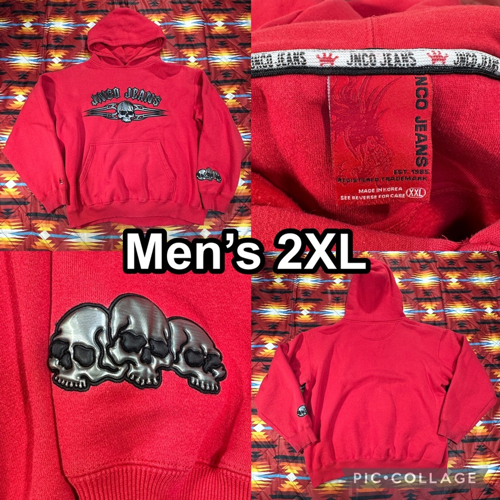 Vintage JNCO Jeans Skull Logo Red Pullover Hoodie Sweater Men’s Size 2XL